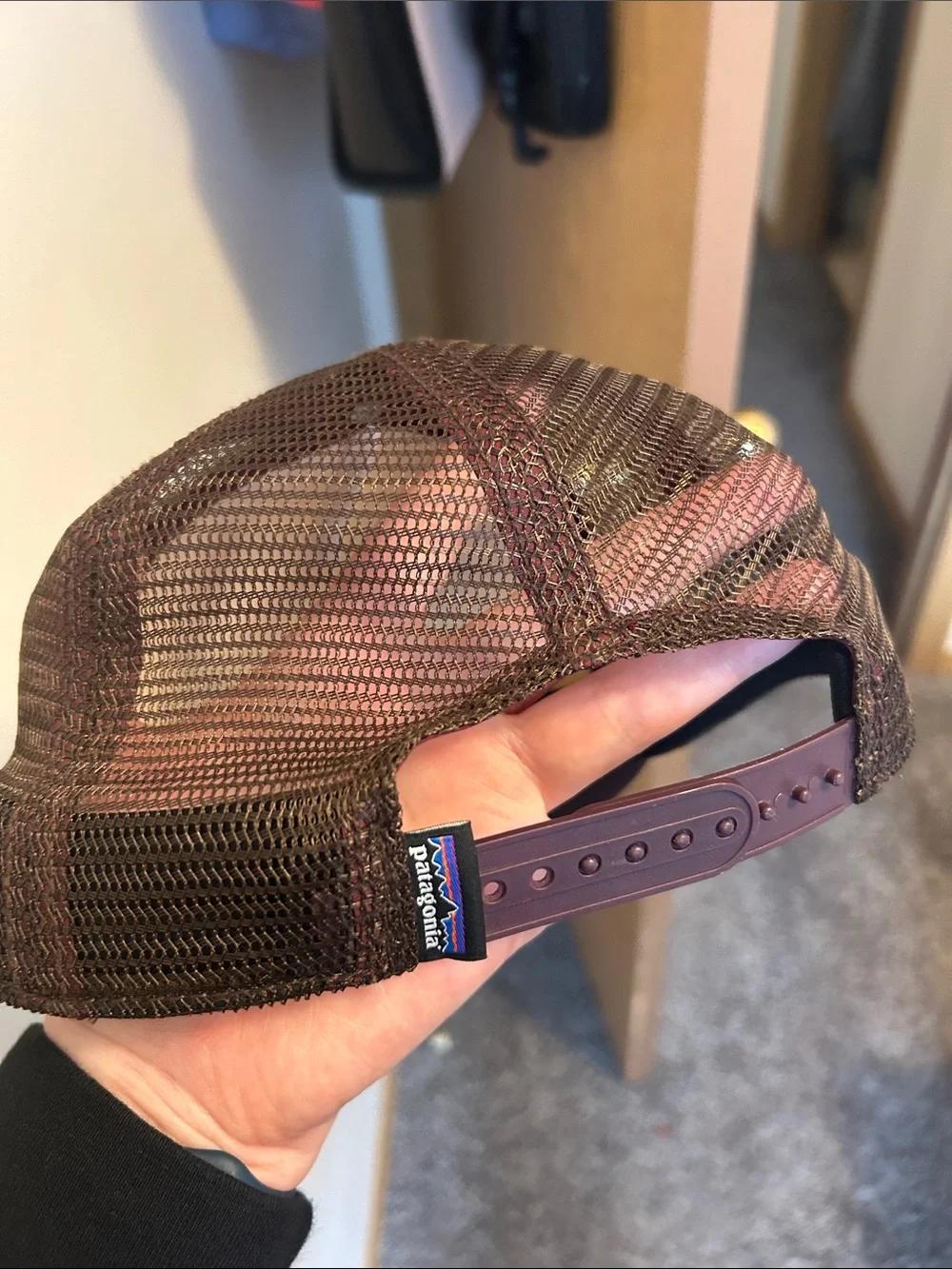 Patagonia Cream and Burgundy Brown Trucker Hat with Fox and Orange Moon - Picture 3 of 6
